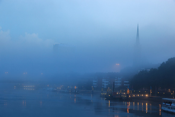 Foggy river Weser Bremen Germany